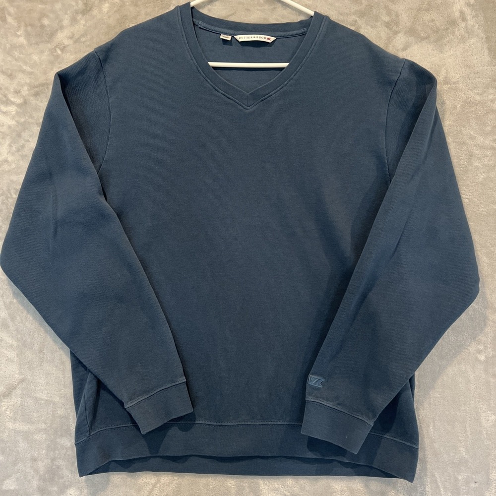 Cutter‎ & Buck Sweater Mens Large 100% Pima Cotton Classic V-Neck Knit Golf Blue